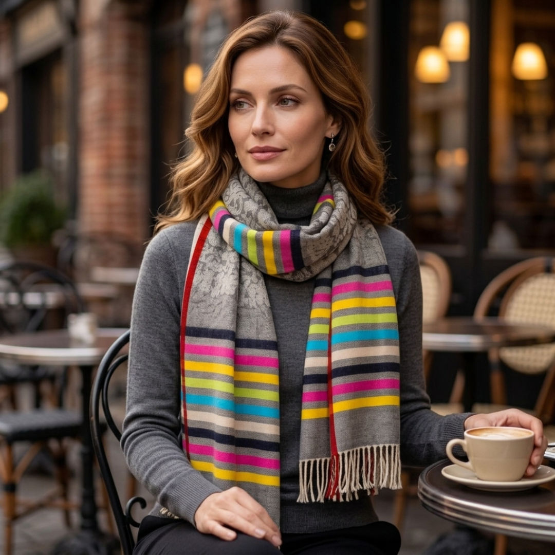 Black Wool Scarf With Metallic Silk Stripes